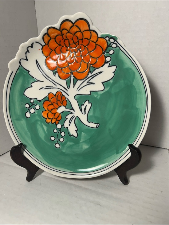 Molly Hatch Other - Hand-Painted Ceramic Floral Plate in Emerald Green and Orange